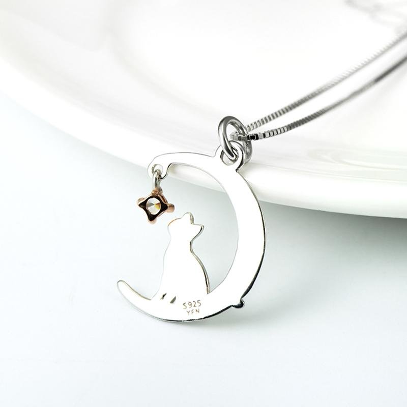 Fancy Moon Pendant Necklace With Cat - jolics