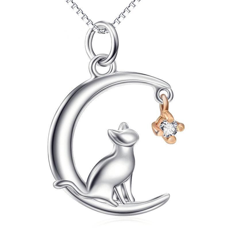 Fancy Moon Pendant Necklace With Cat - jolics