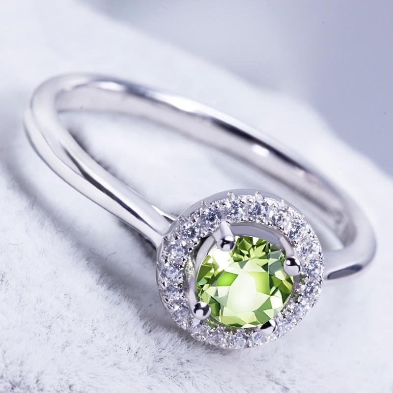 Green Stone Round Cut Halo Solitaire Open Ring - jolics