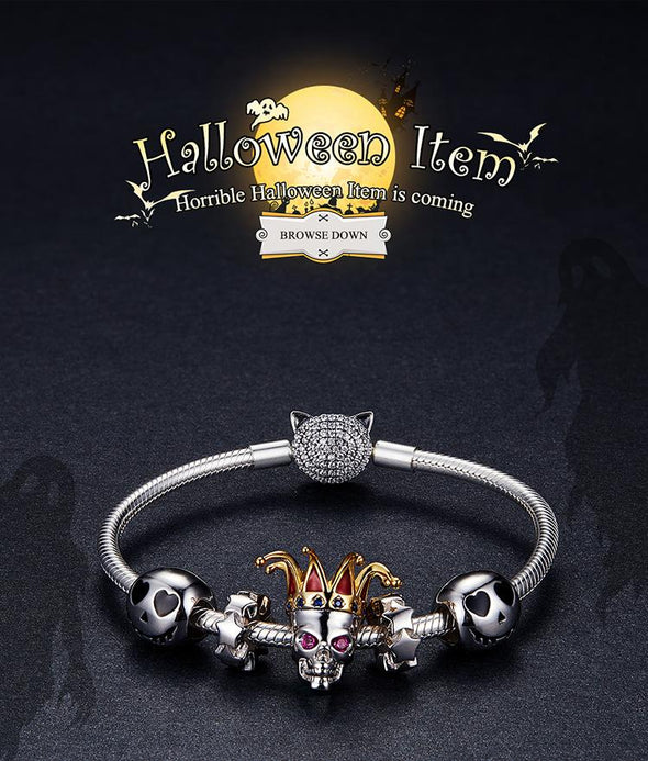 Halloween Skull with Envy Clown 925 Sterling Silver Bead Charm - jolics