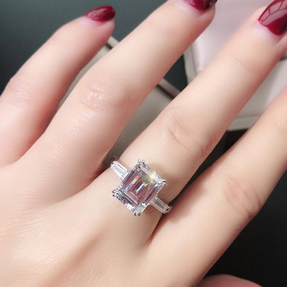 Jolics 3CT Emerald Cut Tapered Double Prong Three Stone Ring - jolics