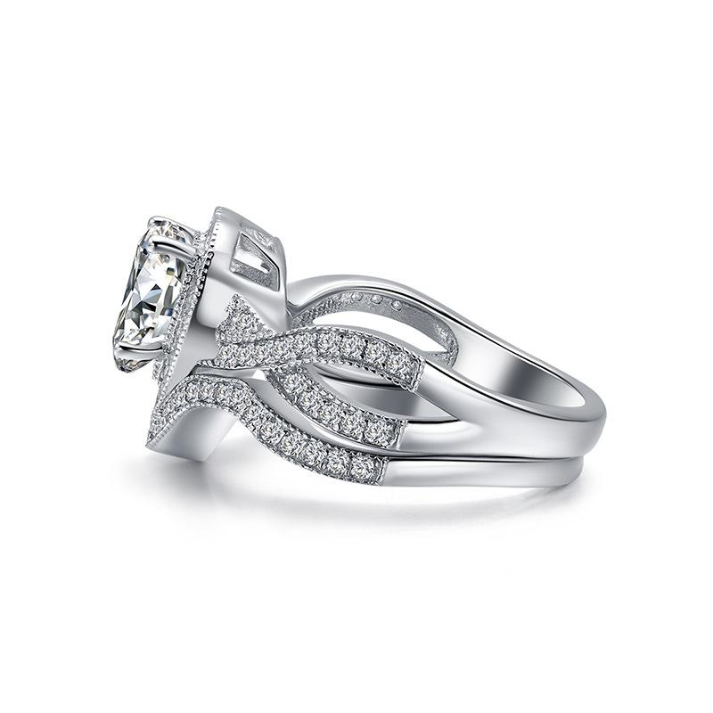 Jolics Curved Heart Cut Halo Twist Sterling Silver Ring Set - jolics