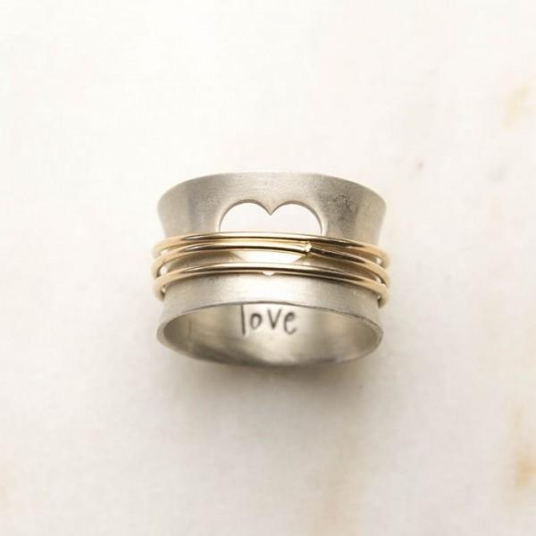 Jolics Handmade Hollow Heart Spinner Silver Ring Band - jolics