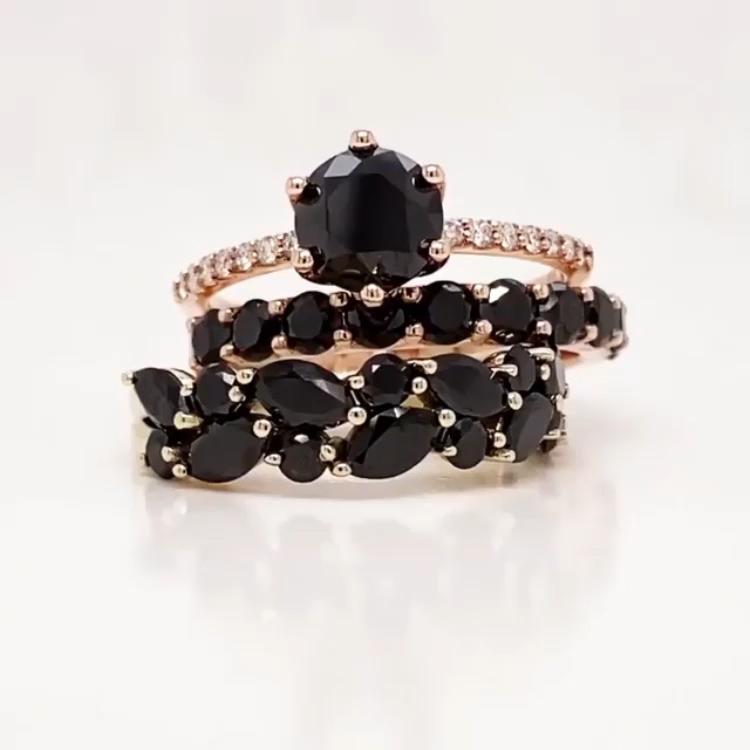 Jolics Handmade Rose Gold Black Diamonds Round Cut Sterling Silver Anniversary Set Ring - jolics