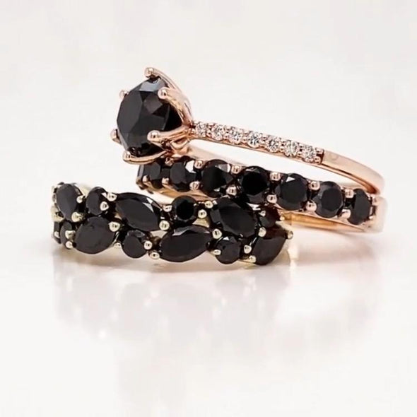 Jolics Handmade Rose Gold Black Diamonds Round Cut Sterling Silver Anniversary Set Ring - jolics