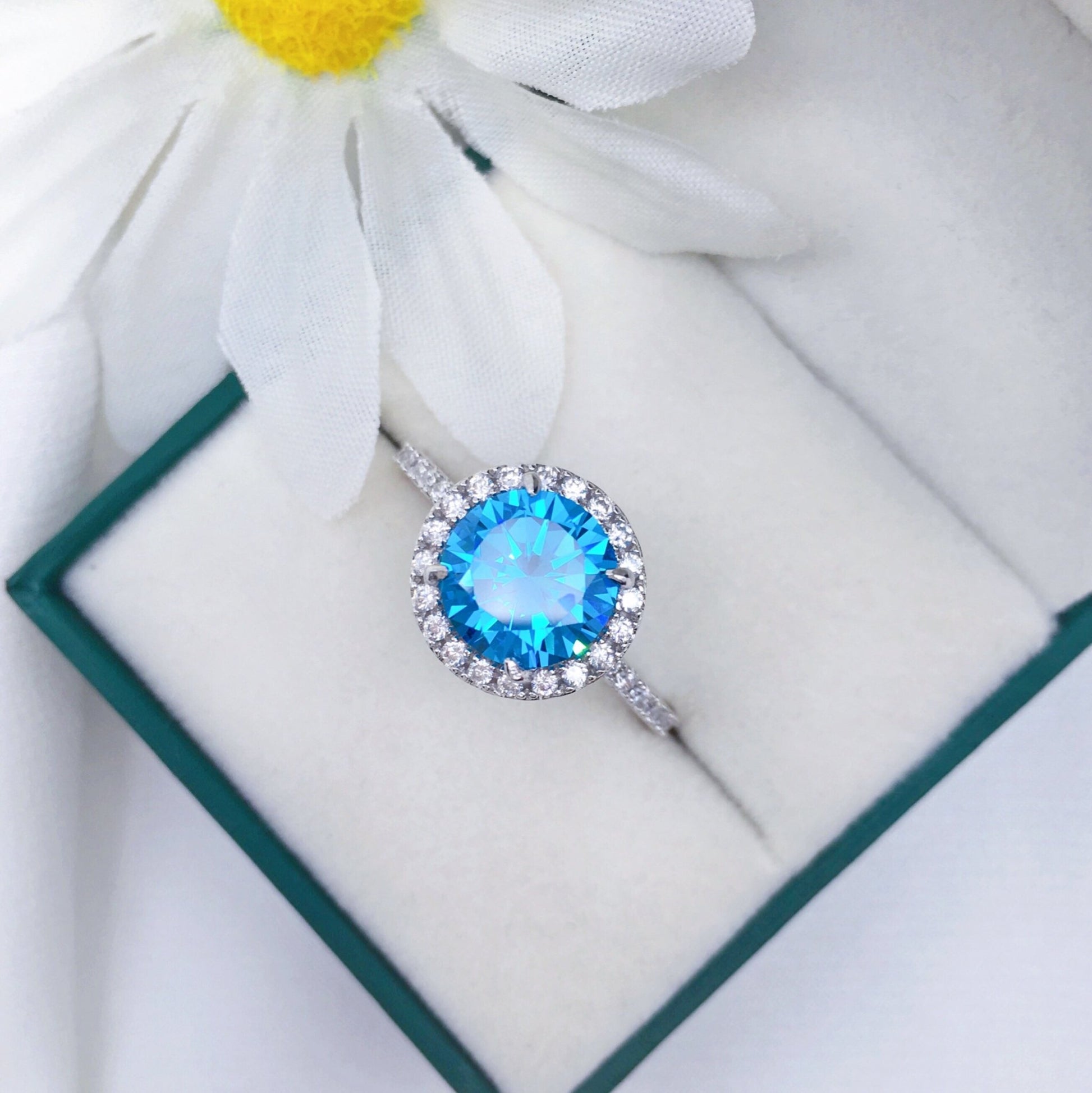 Jolics Handmade Round Cut Halo Blue Stone 925 Sterling Silver Ring - jolics