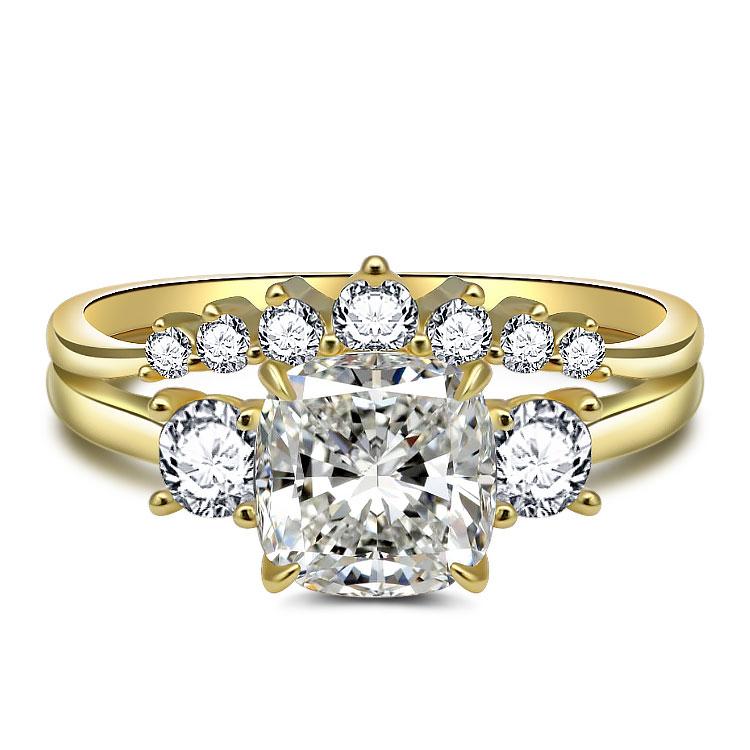 Jolics Yellow Gold Cushion Cut Three Stones Sterling Silver Anniversary Set Ring - jolics