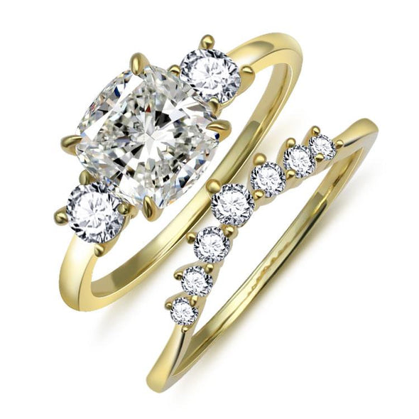 Jolics Yellow Gold Cushion Cut Three Stones Sterling Silver Anniversary Set Ring - jolics