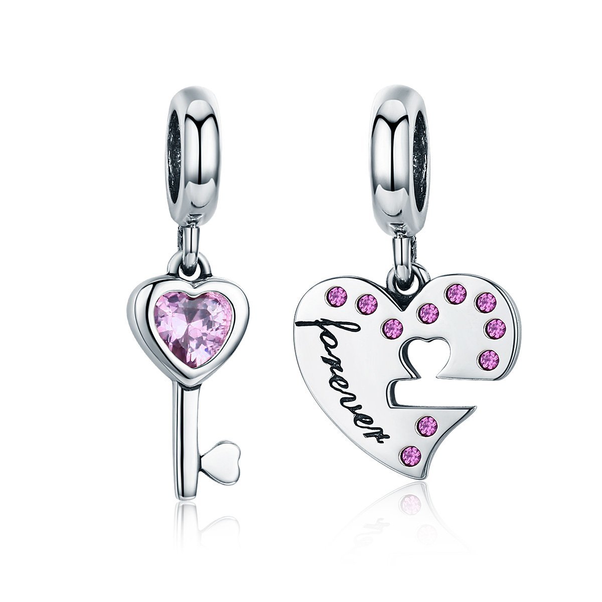 Key & Heart Set 925 Sterling Silver Dangle Charm - jolics