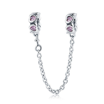 Pink Heart Link 925 Sterling Silver Bracelet Safety Chain Charm - jolics