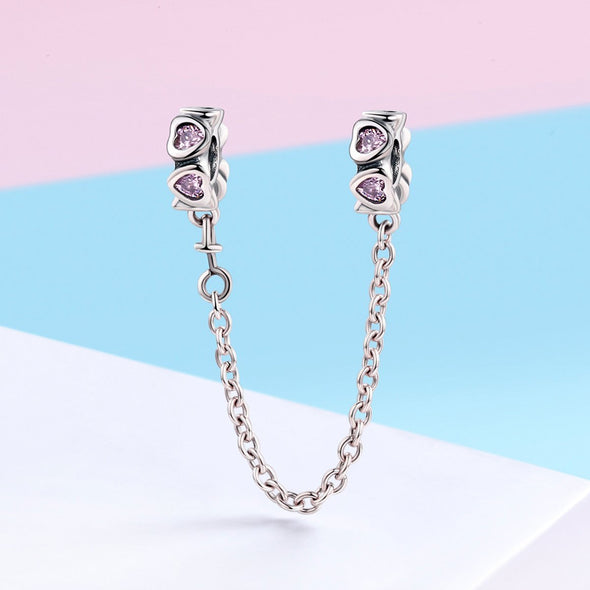 Pink Heart Link 925 Sterling Silver Bracelet Safety Chain Charm - jolics