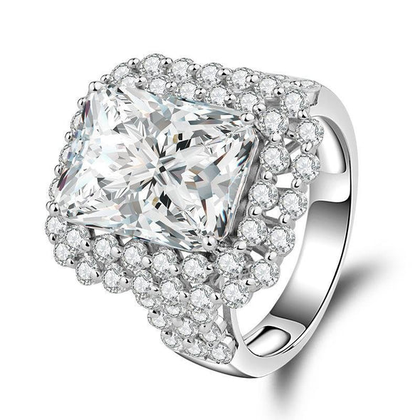 Princess Cut Double Halo Triple Row Stone Engagement Ring - jolics