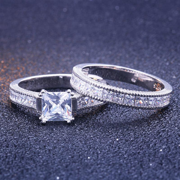 Princess Cut Double Prong Ring Set - jolics