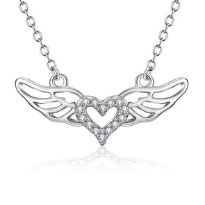 Rhodium Plated Sterling Silver CZ Angel Wings Pendant Necklace - jolics