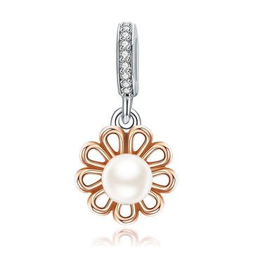 Rose Gold Pearl Flower 925 Sterling Silver Dangle Charm - jolics