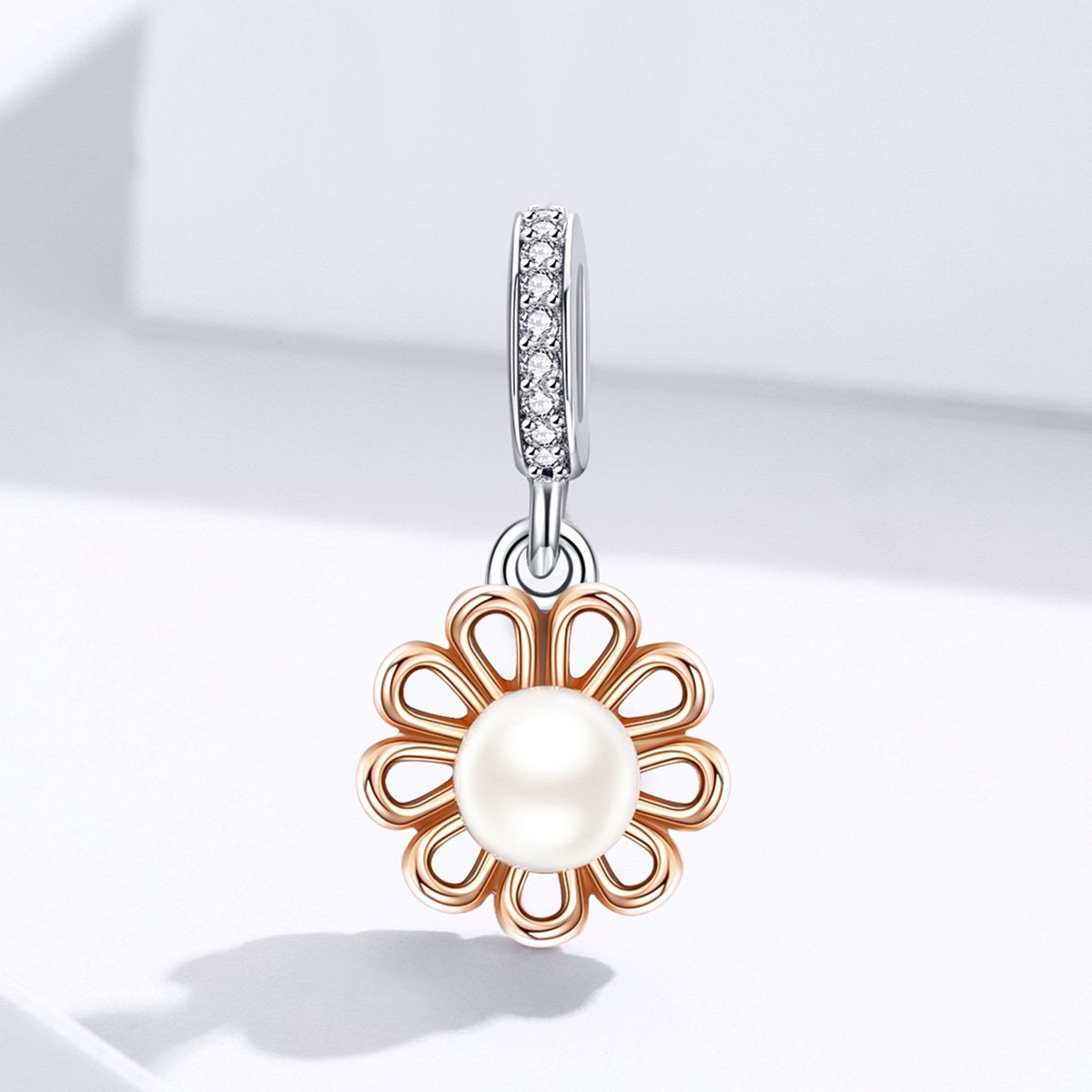 Rose Gold Pearl Flower 925 Sterling Silver Dangle Charm - jolics