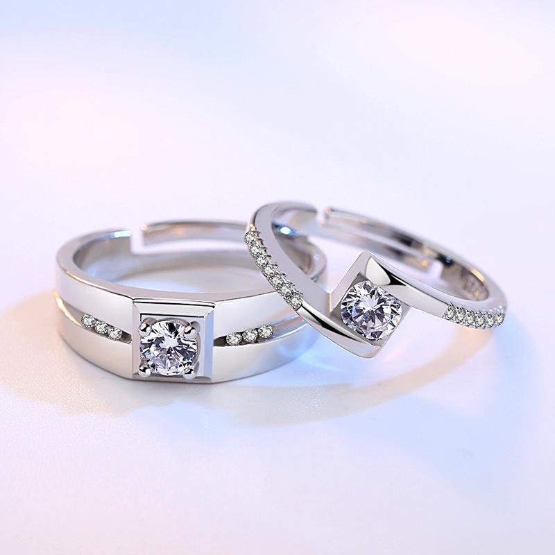 Round Cut Bypass Silver Open Couple Rings - jolics