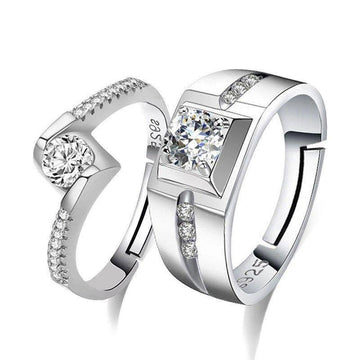 Round Cut Bypass Silver Open Couple Rings - jolics