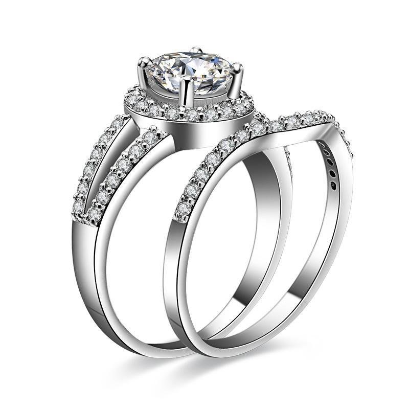 Round Cut Halo Split Created White Sapphire Wedding Set - jolics