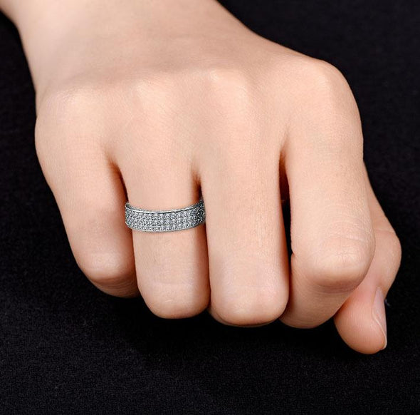 Round Cut with Three Rows of Stones 925 Sterling Silver Ring - jolics