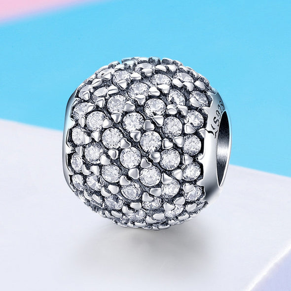 Round Sparkling 925 Sterling Silver Bead Pavé Charm - jolics