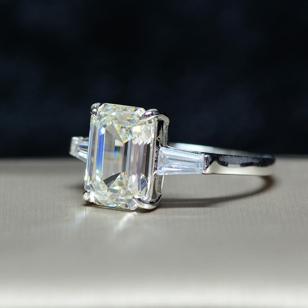 Three Stone Emerald Cut Sterling Silver Ring - jolics